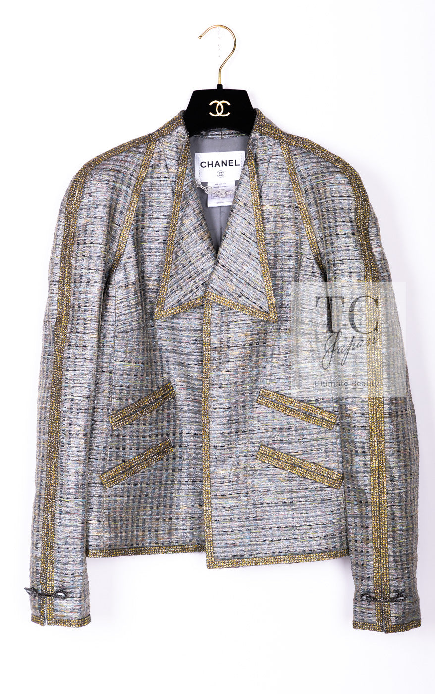 CHANEL 11S Silver Gray Yellow Rhinestone Trim Jacket 40 シャネル シルバー グレー イエロー 豪華 ラインストーン トリム ジャケット 即発