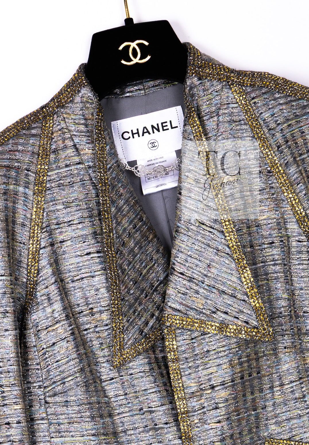 CHANEL 11S Silver Gray Yellow Rhinestone Trim Jacket 40 シャネル シルバー グレー イエロー 豪華 ラインストーン トリム ジャケット 即発
