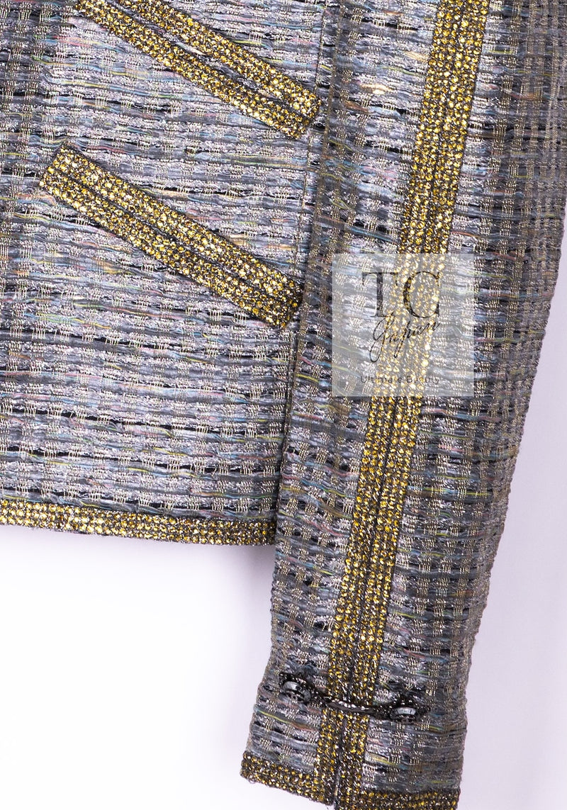 CHANEL 11S Silver Gray Yellow Rhinestone Trim Jacket 40 シャネル シルバー グレー イエロー 豪華 ラインストーン トリム ジャケット 即発