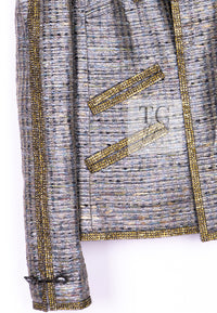 CHANEL 11S Silver Gray Yellow Rhinestone Trim Jacket 40 シャネル シルバー グレー イエロー 豪華 ラインストーン トリム ジャケット 即発