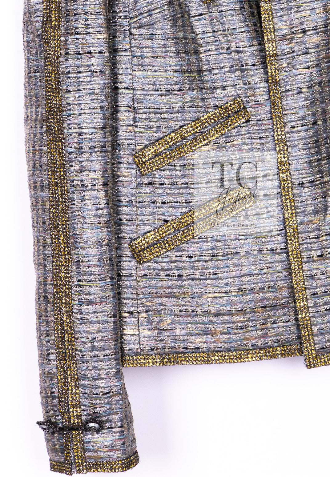 CHANEL 11S Silver Gray Yellow Rhinestone Trim Jacket 40 シャネル シルバー グレー イエロー 豪華 ラインストーン トリム ジャケット 即発