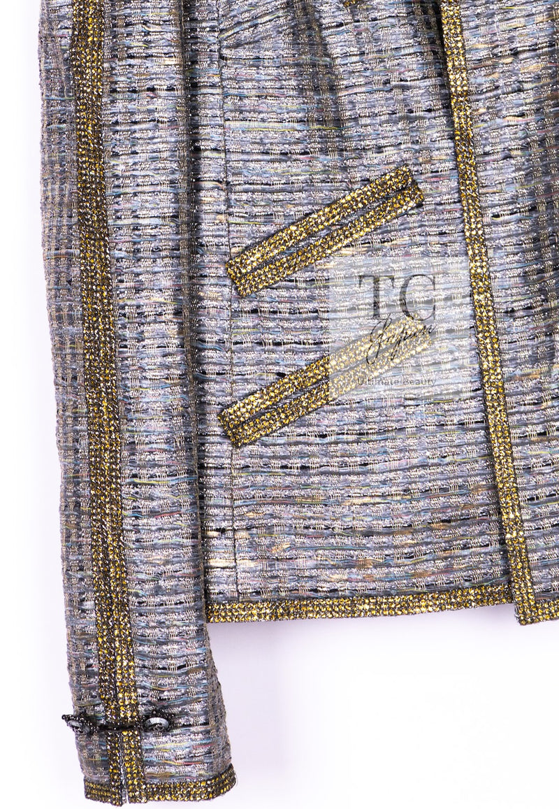 CHANEL 11S Silver Gray Yellow Rhinestone Trim Jacket 40 シャネル シルバー グレー イエロー 豪華 ラインストーン トリム ジャケット 即発