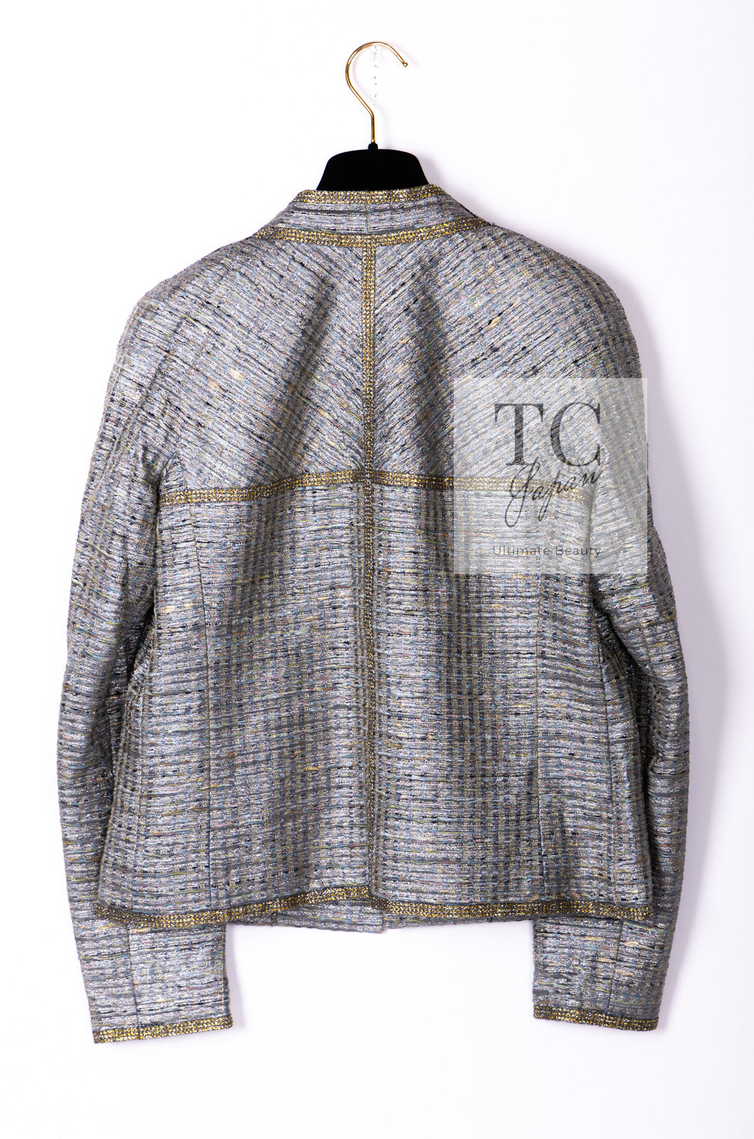 CHANEL 11S Silver Gray Yellow Rhinestone Trim Jacket 40 シャネル シルバー グレー イエロー 豪華 ラインストーン トリム ジャケット 即発