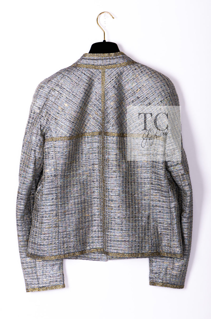 CHANEL 11S Silver Gray Yellow Rhinestone Trim Jacket 40 シャネル シルバー グレー イエロー 豪華 ラインストーン トリム ジャケット 即発