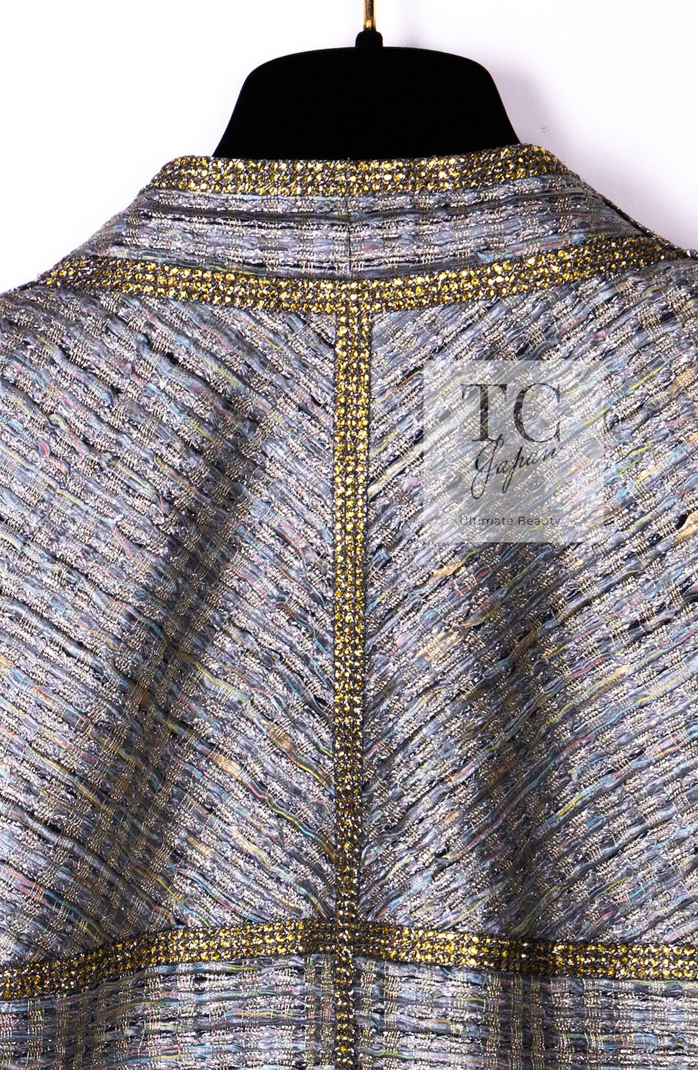 CHANEL 11S Silver Gray Yellow Rhinestone Trim Jacket 40 シャネル シルバー グレー イエロー 豪華 ラインストーン トリム ジャケット 即発