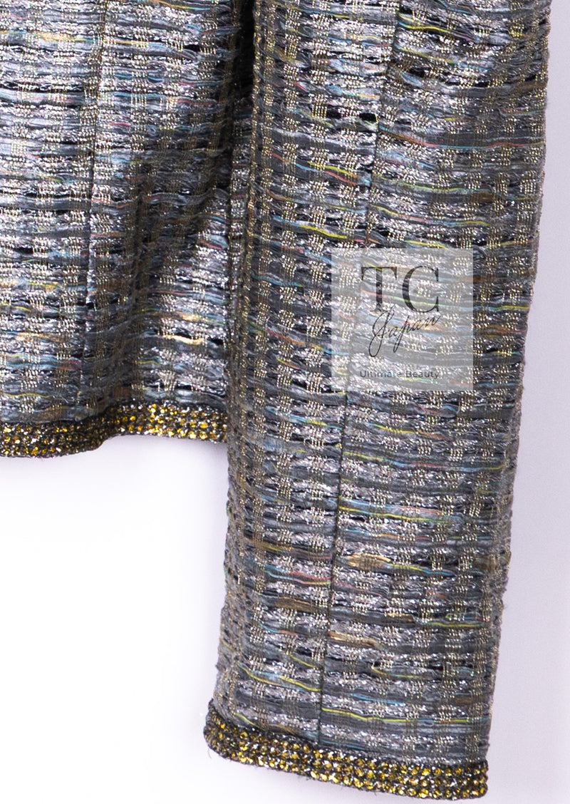 CHANEL 11S Silver Gray Yellow Rhinestone Trim Jacket 40 シャネル シルバー グレー イエロー 豪華 ラインストーン トリム ジャケット 即発