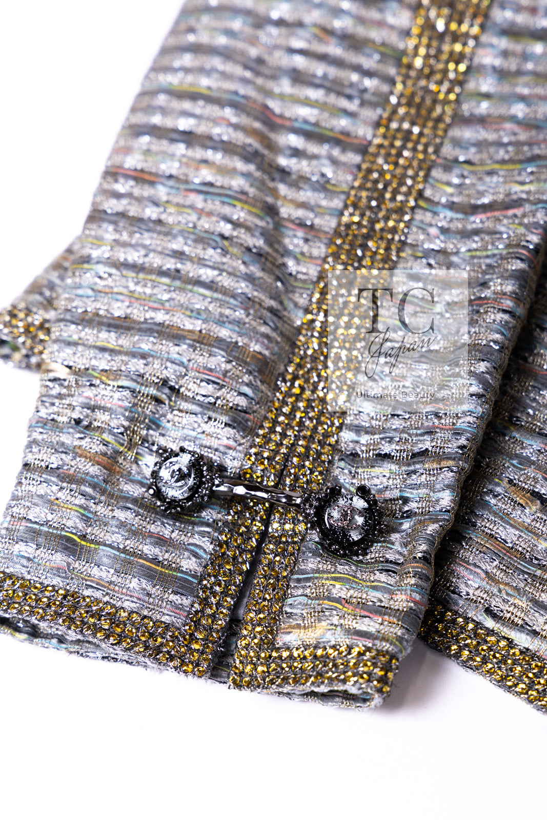CHANEL 11S Silver Gray Yellow Rhinestone Trim Jacket 40 シャネル シルバー グレー イエロー 豪華 ラインストーン トリム ジャケット 即発