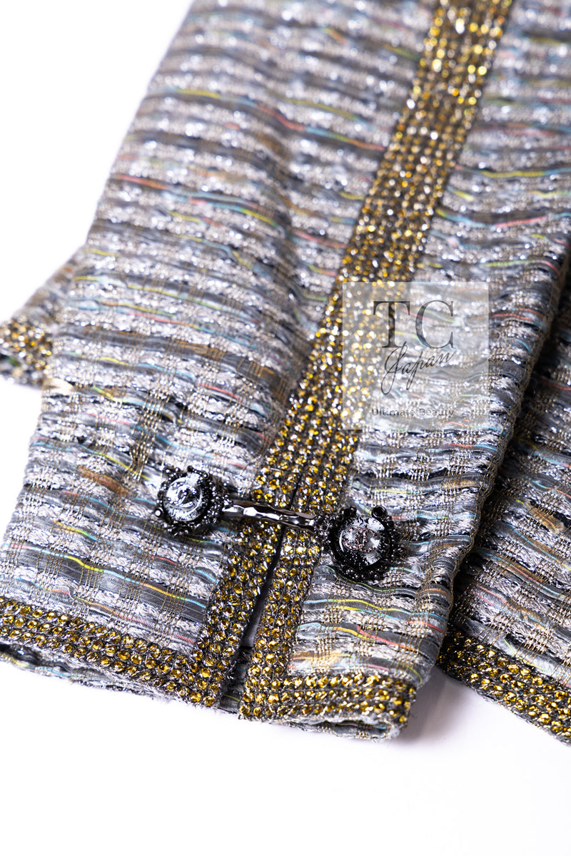 CHANEL 11S Silver Gray Yellow Rhinestone Trim Jacket 40 シャネル シルバー グレー イエロー 豪華 ラインストーン トリム ジャケット 即発