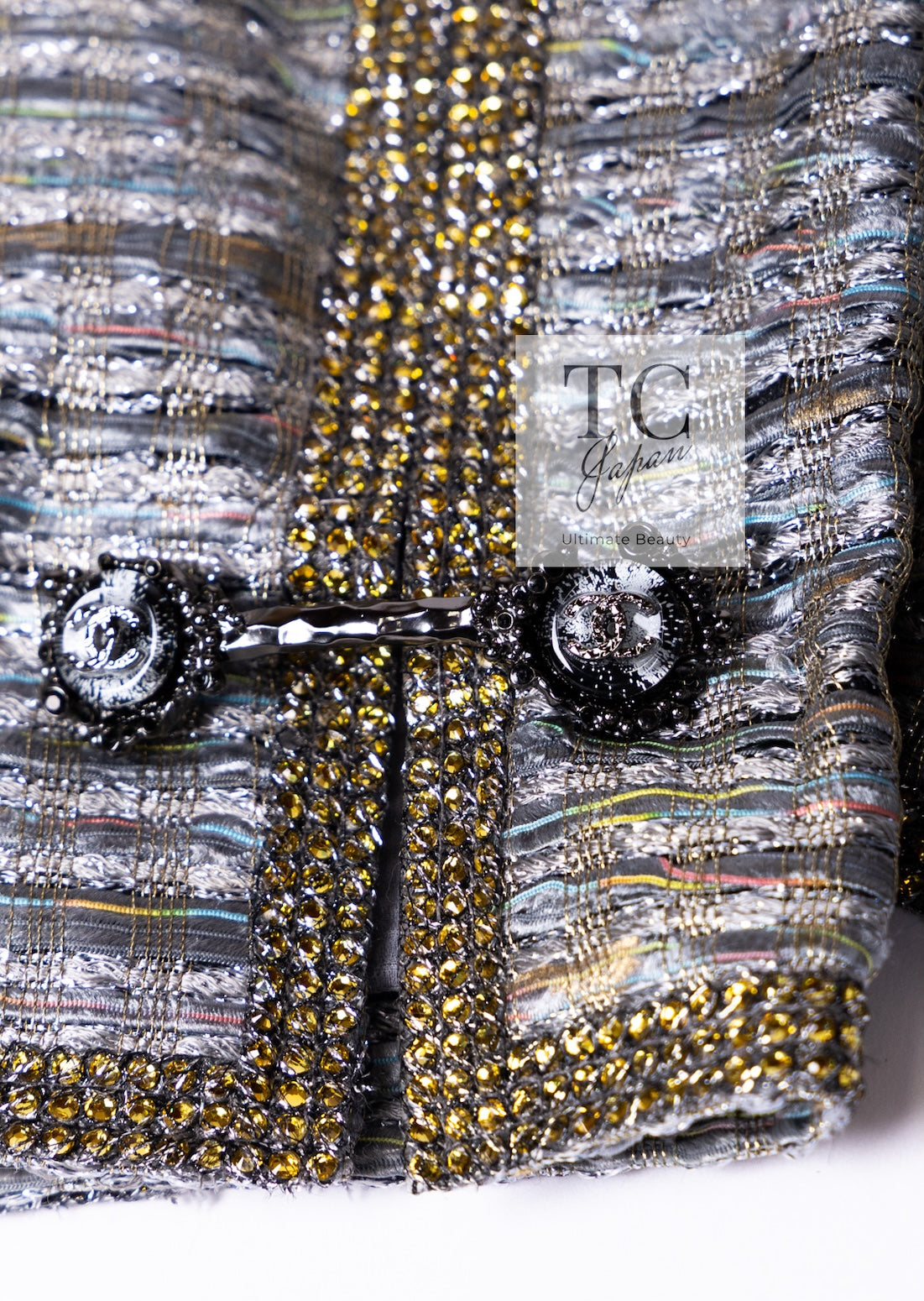 CHANEL 11S Silver Gray Yellow Rhinestone Trim Jacket 40 シャネル シルバー グレー イエロー 豪華 ラインストーン トリム ジャケット 即発