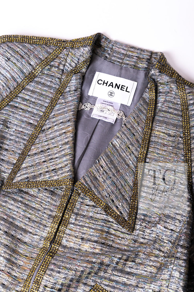 CHANEL 11S Silver Gray Yellow Rhinestone Trim Jacket 40 シャネル シルバー グレー イエロー 豪華 ラインストーン トリム ジャケット 即発