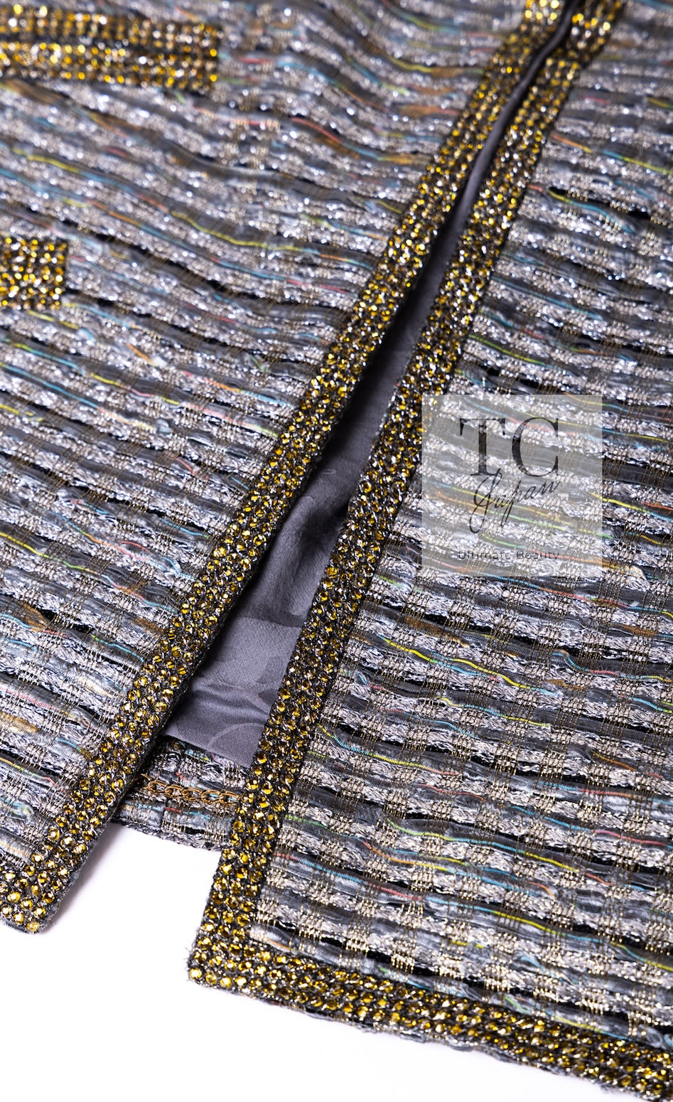 CHANEL 11S Silver Gray Yellow Rhinestone Trim Jacket 40 シャネル シルバー グレー イエロー 豪華 ラインストーン トリム ジャケット 即発