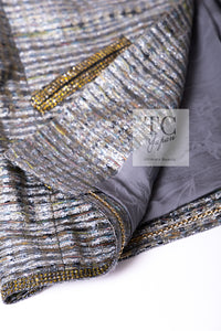 CHANEL 11S Silver Gray Yellow Rhinestone Trim Jacket 40 シャネル シルバー グレー イエロー 豪華 ラインストーン トリム ジャケット 即発