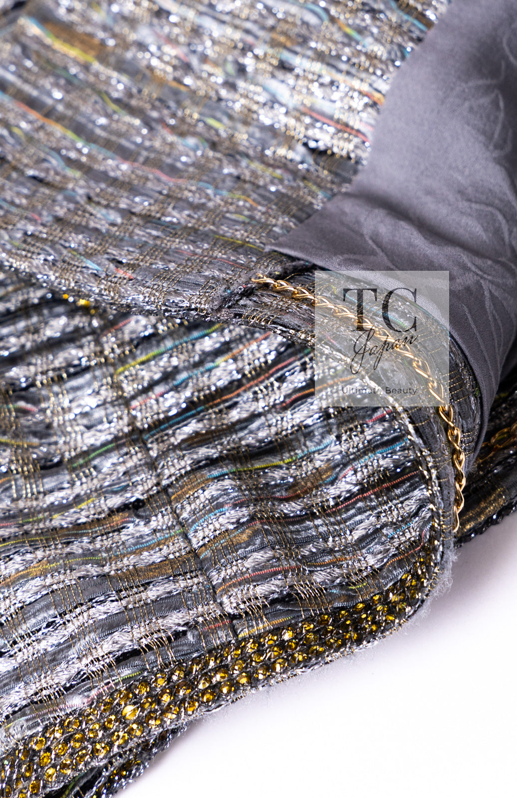 CHANEL 11S Silver Gray Yellow Rhinestone Trim Jacket 40 シャネル シルバー グレー イエロー 豪華 ラインストーン トリム ジャケット 即発