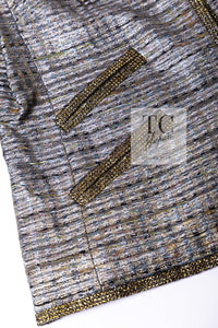 CHANEL 11S Silver Gray Yellow Rhinestone Trim Jacket 40 シャネル シルバー グレー イエロー 豪華 ラインストーン トリム ジャケット 即発