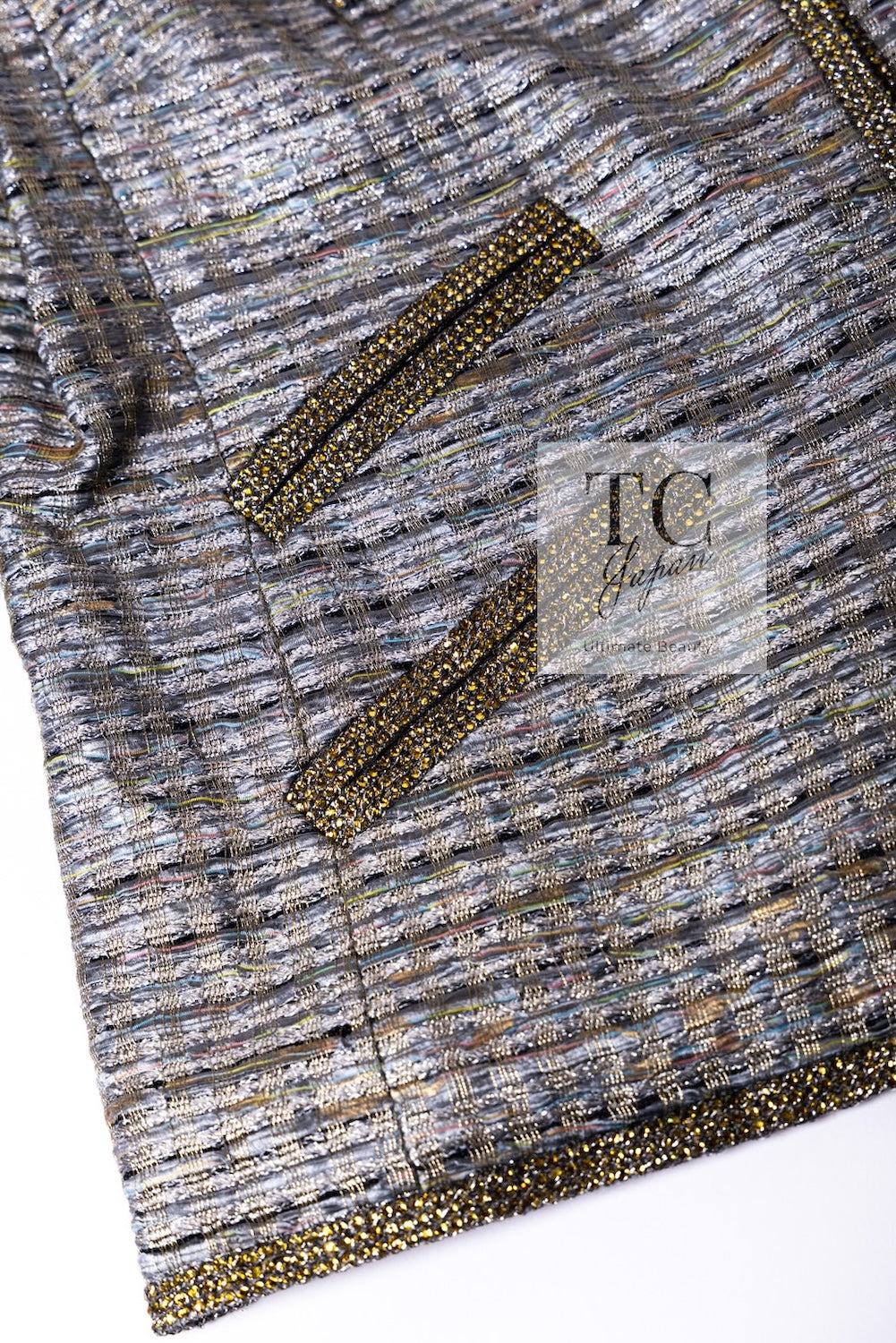 CHANEL 11S Silver Gray Yellow Rhinestone Trim Jacket 40 シャネル シルバー グレー イエロー 豪華 ラインストーン トリム ジャケット 即発