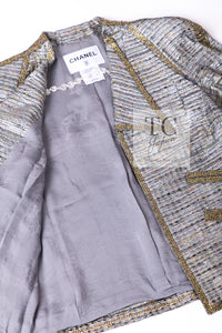 CHANEL 11S Silver Gray Yellow Rhinestone Trim Jacket 40 シャネル シルバー グレー イエロー 豪華 ラインストーン トリム ジャケット 即発