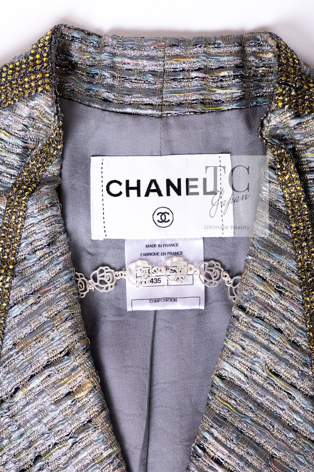 CHANEL 11S Silver Gray Yellow Rhinestone Trim Jacket 40 シャネル シルバー グレー イエロー 豪華 ラインストーン トリム ジャケット 即発