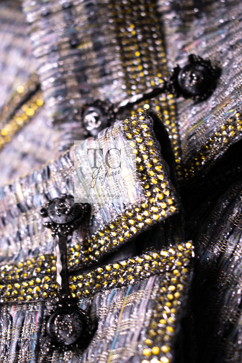 CHANEL 11S Silver Gray Yellow Rhinestone Trim Jacket 40 シャネル シルバー グレー イエロー 豪華 ラインストーン トリム ジャケット 即発