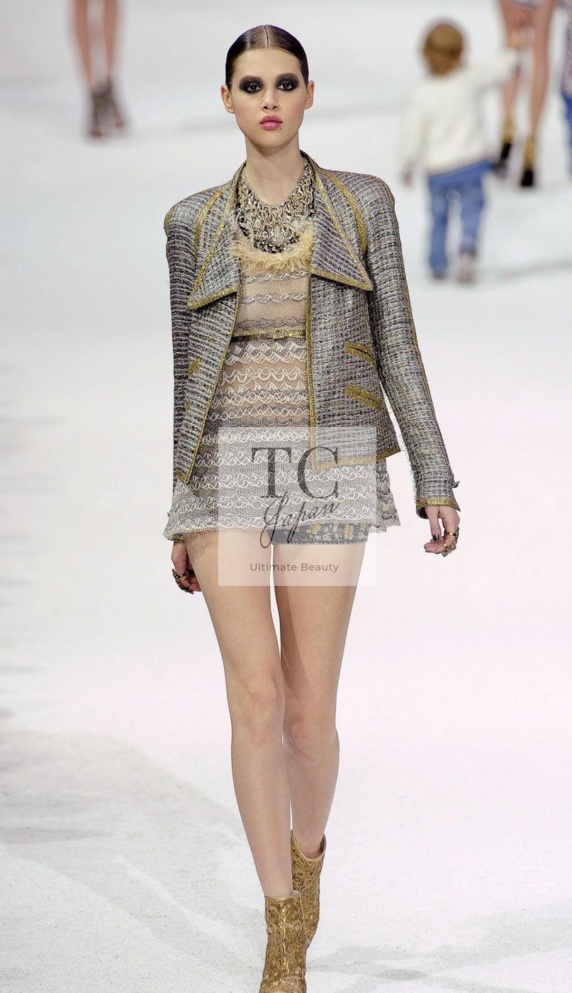 CHANEL 11S grey yellow silver trim crystal women's jacket / シャネル レディース グレー イエロー シルバー トリム クリスタル ジャケット