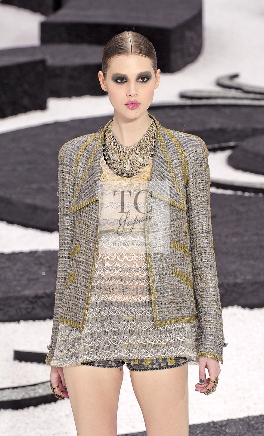 CHANEL 11S grey yellow silver trim crystal women's jacket / シャネル レディース グレー イエロー シルバー トリム クリスタル ジャケット