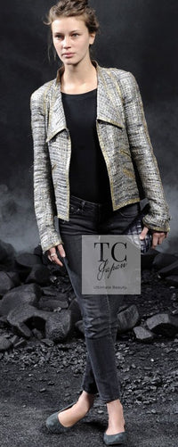 CHANEL 11S grey yellow silver trim crystal women's jacket / シャネル レディース グレー イエロー シルバー トリム クリスタル ジャケット