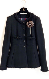 CHANEL 08A Black Fringe Wool Tweed Jacket Coat Dress 34 シャネル ブラック フリンジ ウール ツイード ジャケット コート ワンピース 即発