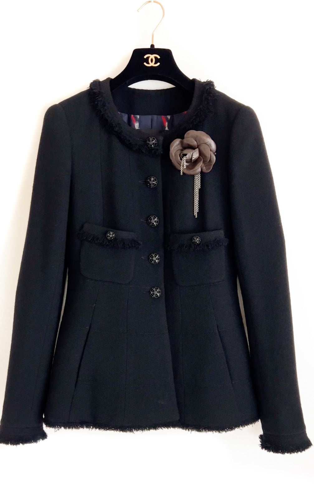 CHANEL 08A Black Fringe Wool Tweed Jacket Coat Dress 34 シャネル ブラック フリンジ ウール ツイード ジャケット コート ワンピース 即発