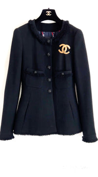 CHANEL 08A Black Fringe Wool Tweed Jacket Coat Dress 34 シャネル ブラック フリンジ ウール ツイード ジャケット コート ワンピース 即発