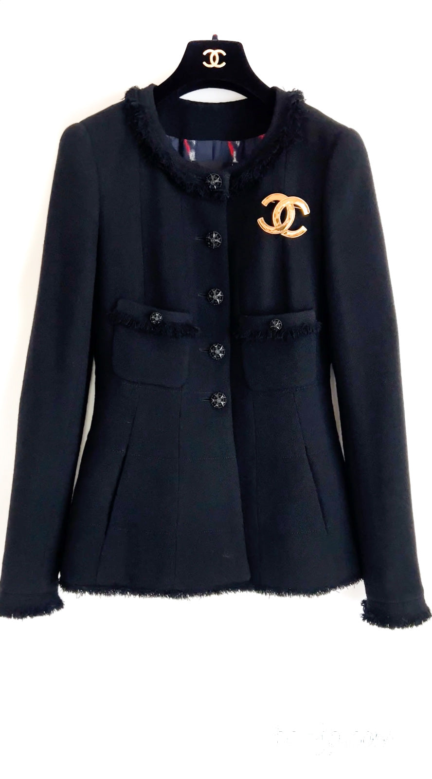 CHANEL 08A Black Fringe Wool Tweed Jacket Coat Dress 34 シャネル ブラック フリンジ ウール ツイード ジャケット コート ワンピース 即発