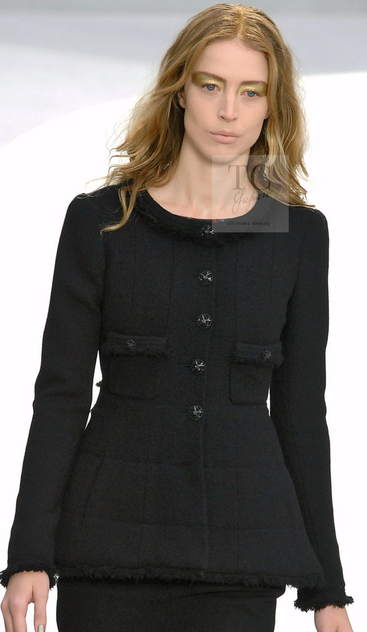 CHANEL 08A Black Fringe Wool Tweed Jacket Coat Dress 34 シャネル ブラック フリンジ ウール ツイード ジャケット コート ワンピース 即発