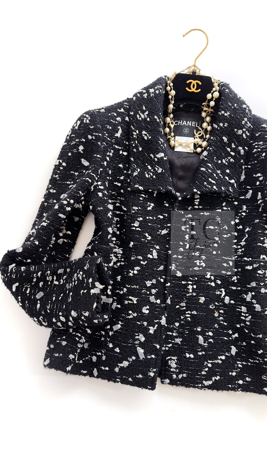 シャネル ジャケット CHANEL ブラック ホワイト ウール ツイード 02A