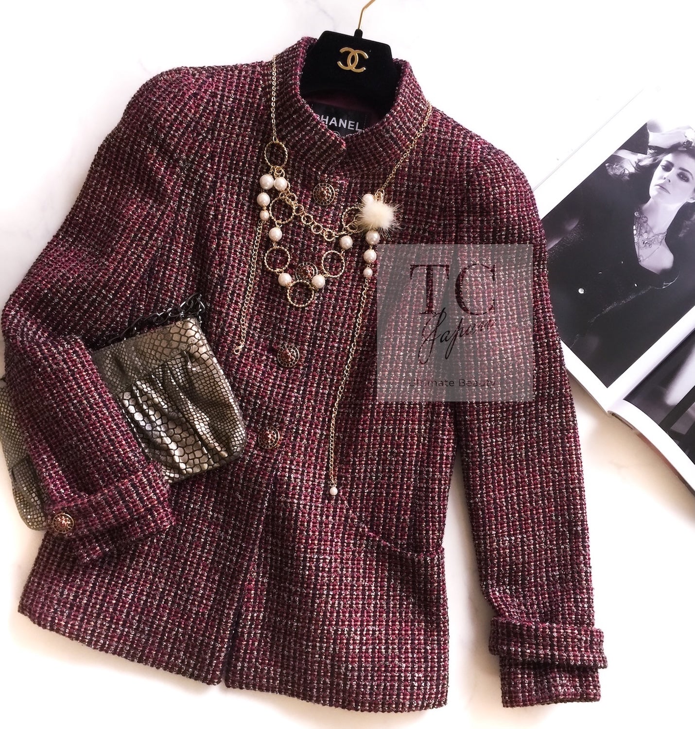 CHANEL 12PF Burgundy Wine Red Griopix Jacket 36 シャネル バーガンディー ワイン レッド グリポア宝石ボタン ジャケット 即発
