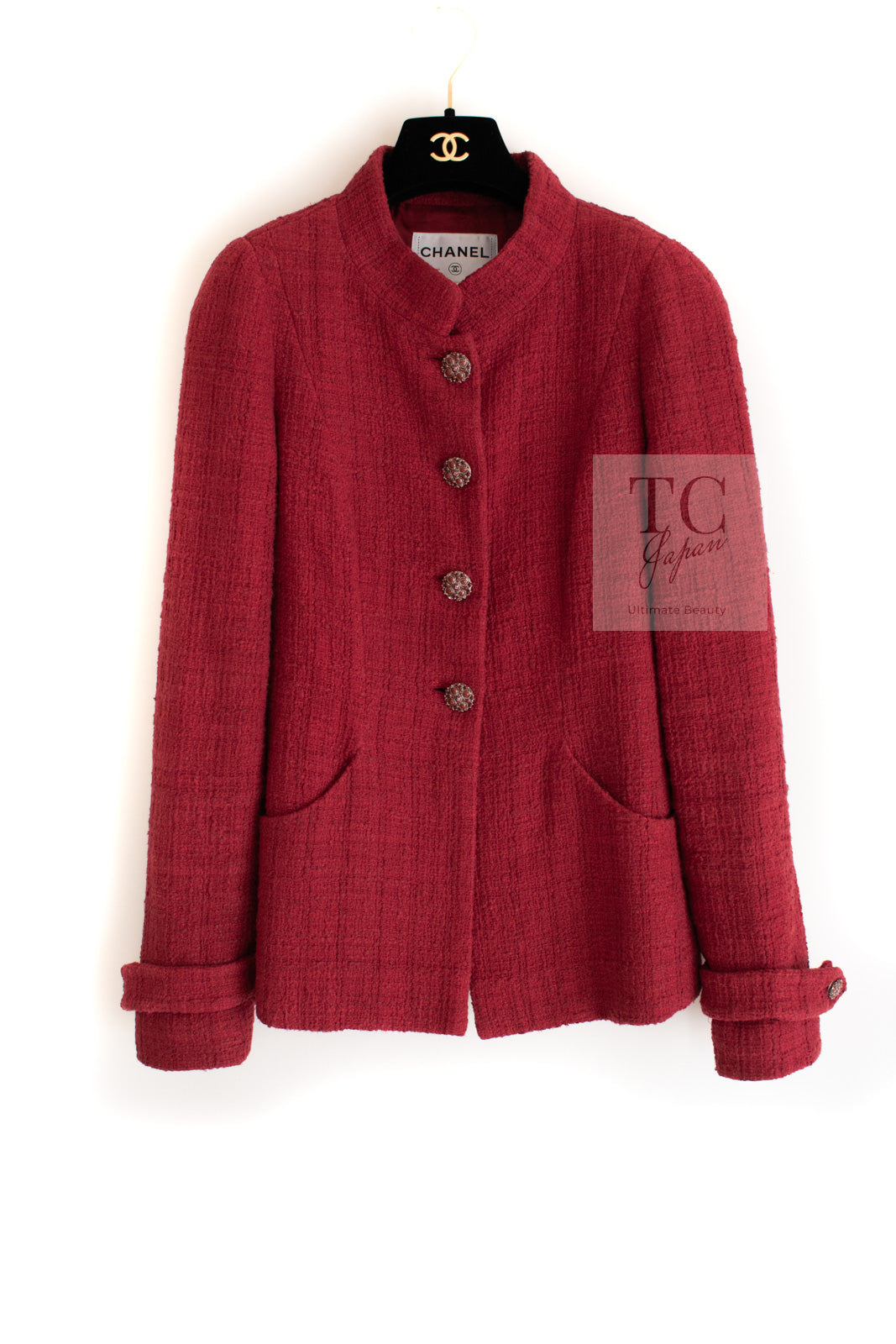 CHANEL 12PF Red Griopix Buttons Cotton Jacket 36 シャネル レッド グリポア 宝石 ボタン コットン ジャケット 即発