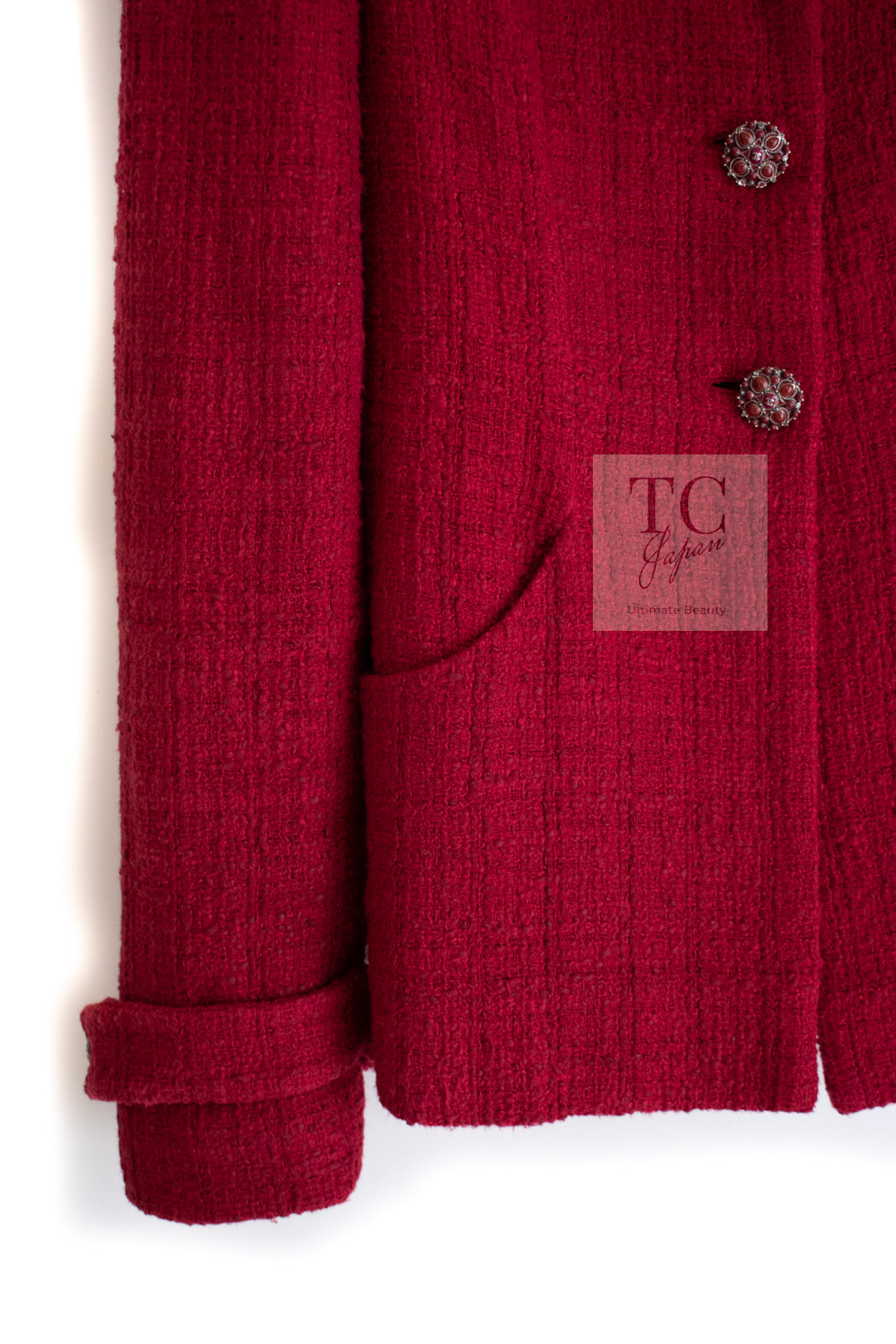 CHANEL 12PF Red Griopix Buttons Cotton Jacket 36 シャネル レッド グリポア 宝石 ボタン コットン ジャケット 即発