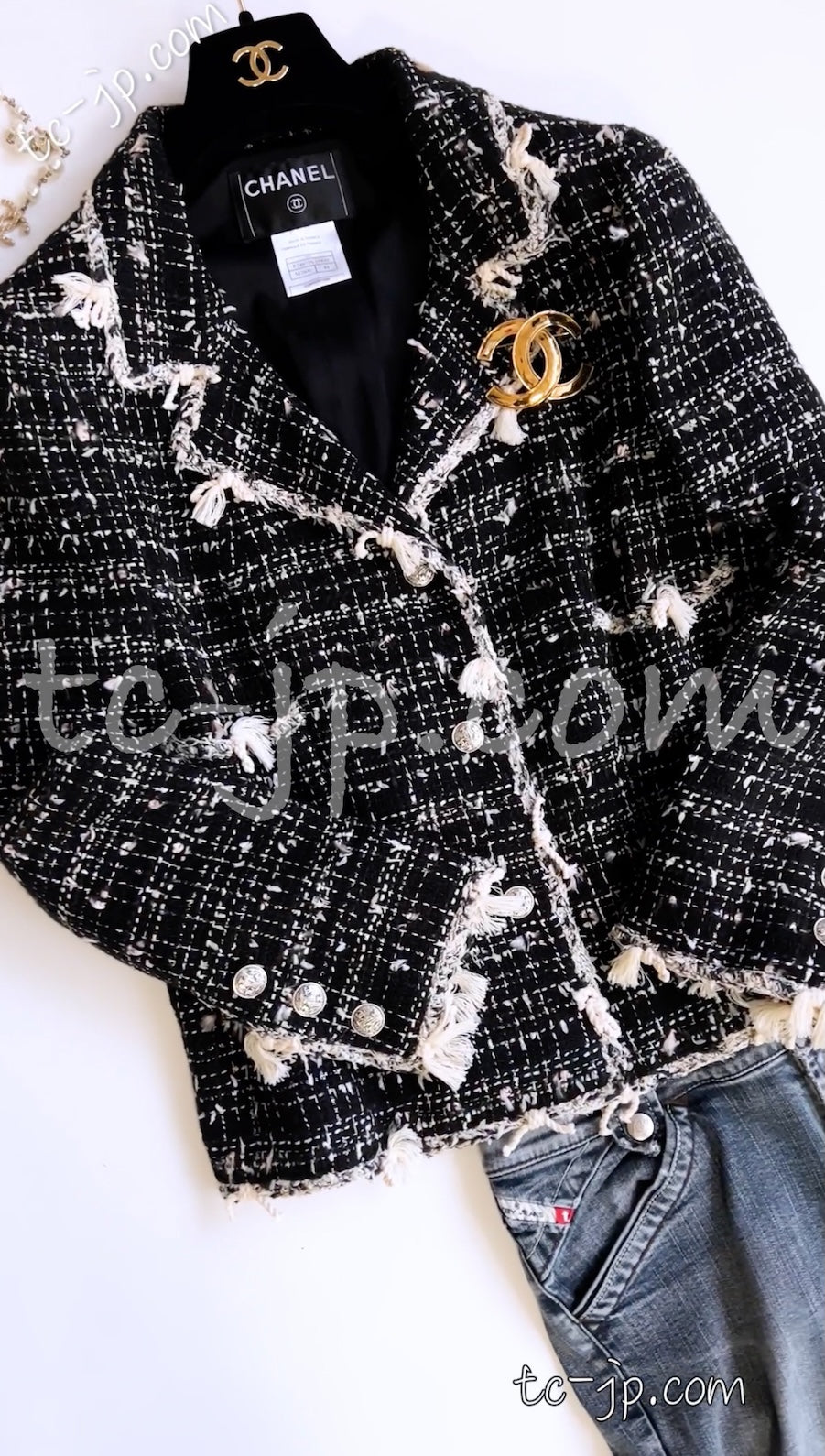 シャネル ジャケット CHANEL ブラック クリーム フリンジトリミング