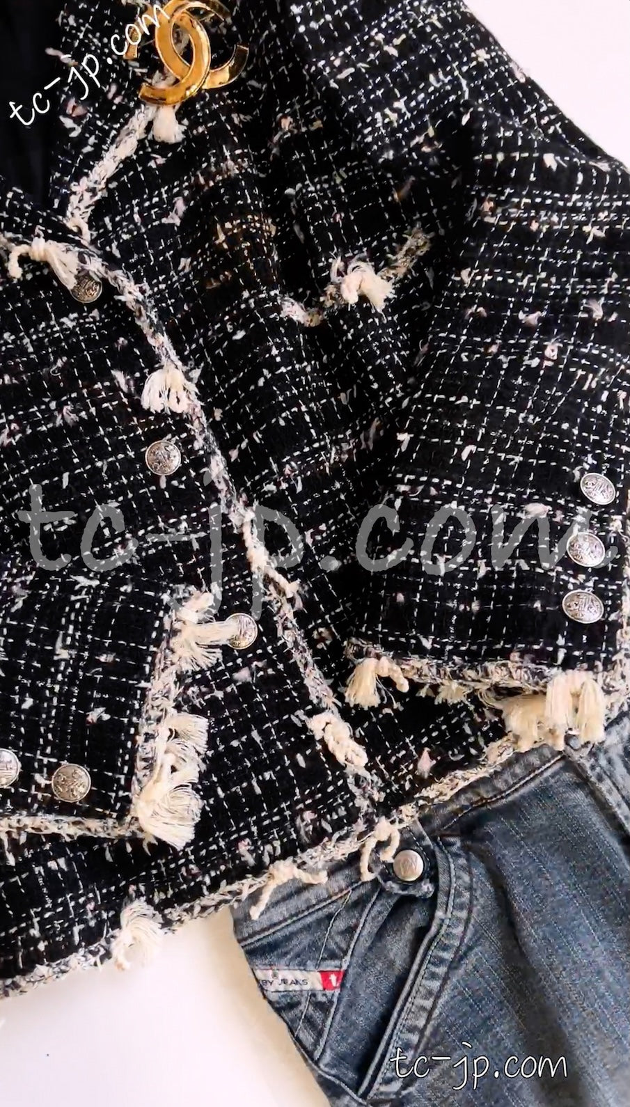 シャネル ジャケット CHANEL ブラック クリーム フリンジトリミング
