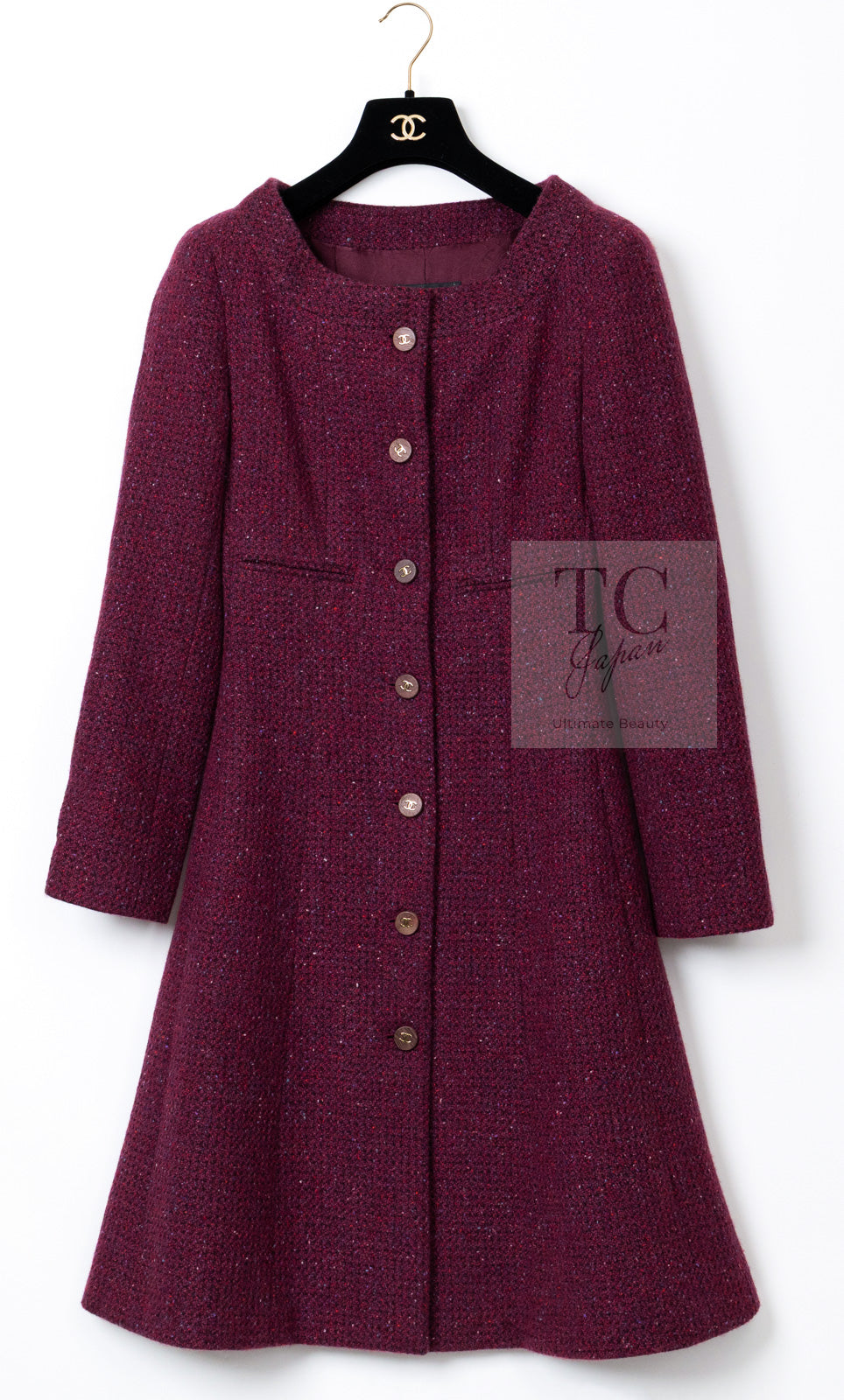 CHANEL 01A Vintage Bordeaux Wine Raspberry Red Cashmere Tweed Dress Coat 34 シャネル ヴィンテージ ボルドーワイン ラズベリー レッド カシミヤ ツイード ワンピース コート 即発