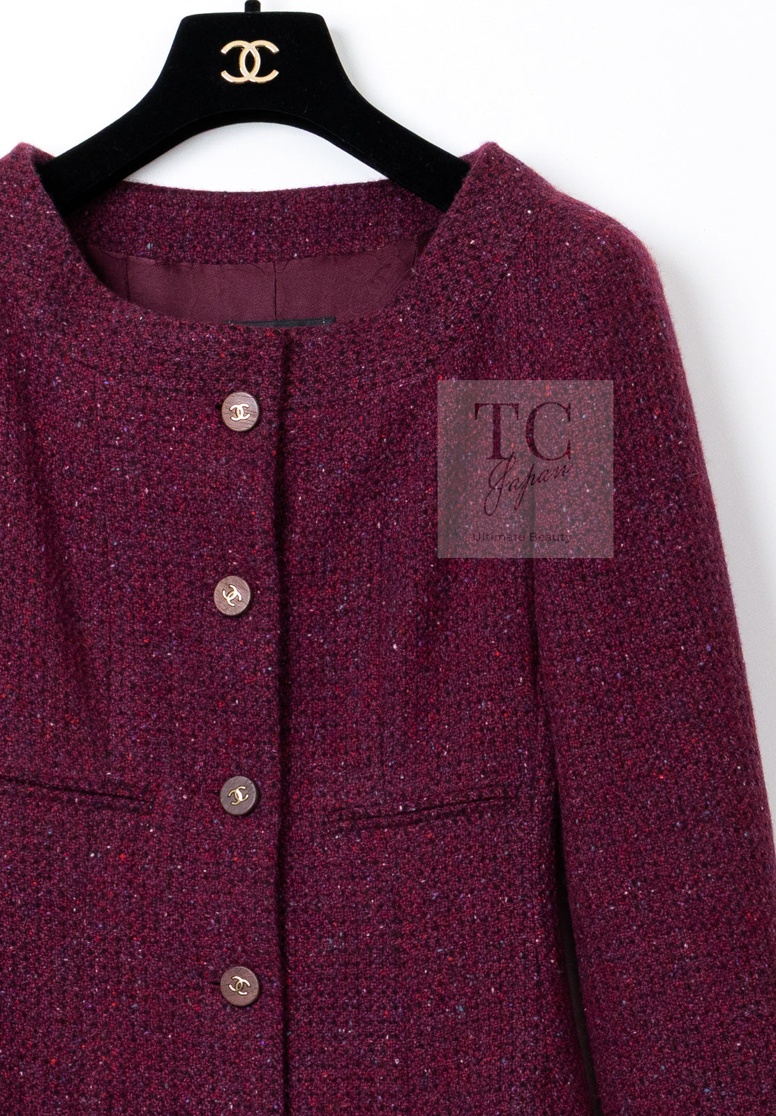 CHANEL 01A Vintage Bordeaux Wine Raspberry Red Cashmere Tweed Dress Coat 34 シャネル ヴィンテージ ボルドーワイン ラズベリー レッド カシミヤ ツイード ワンピース コート 即発