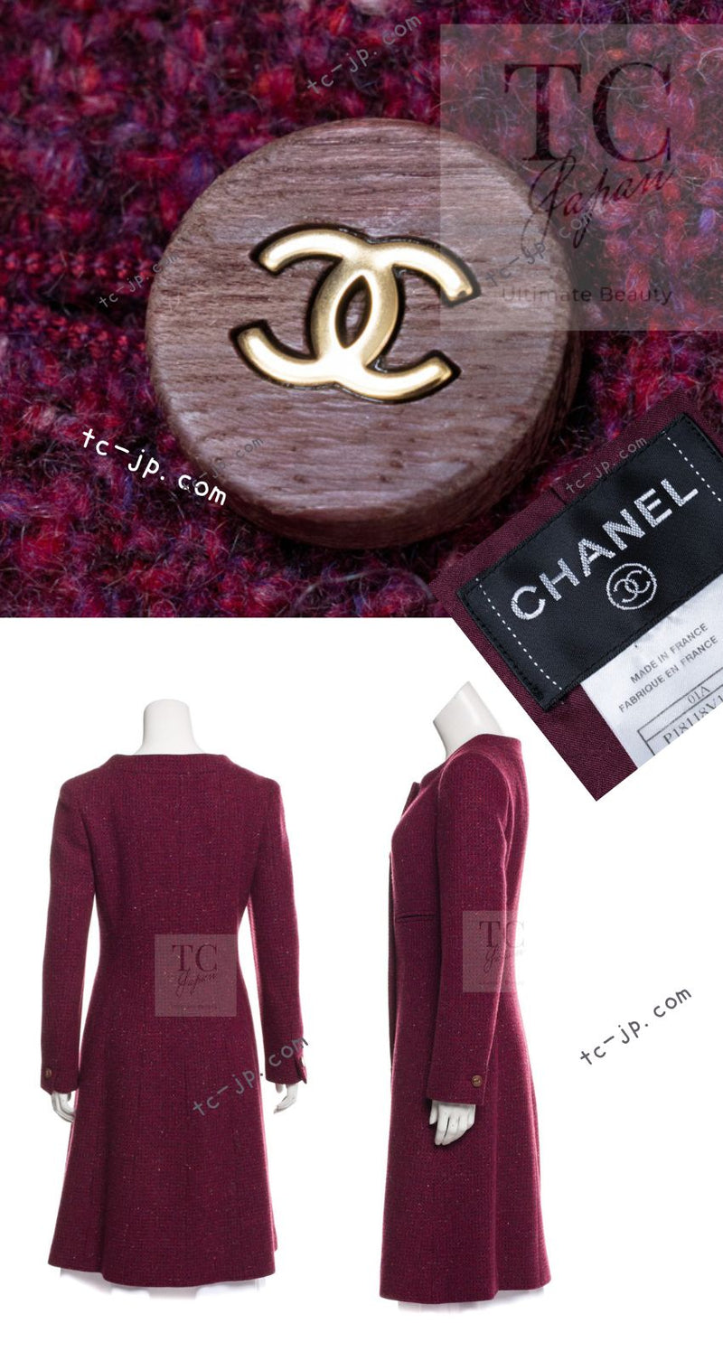 CHANEL 01A Vintage Bordeaux Wine Raspberry Red Cashmere Tweed Dress Coat 34 シャネル ヴィンテージ ボルドーワイン ラズベリー レッド カシミヤ ツイード ワンピース コート 即発