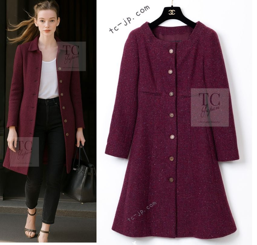 CHANEL 01A Vintage Bordeaux Wine Raspberry Red Cashmere Tweed Dress Coat 34 シャネル ヴィンテージ ボルドーワイン ラズベリー レッド カシミヤ ツイード ワンピース コート 即発