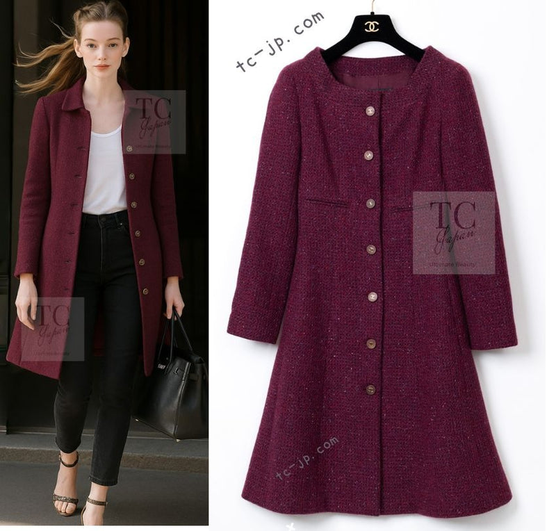 CHANEL 01A Vintage Bordeaux Wine Raspberry Red Cashmere Tweed Dress Coat 34 シャネル ヴィンテージ ボルドーワイン ラズベリー レッド カシミヤ ツイード ワンピース コート 即発