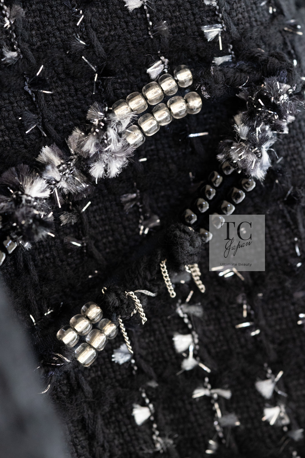 CHANEL Jacket 08C Black Beaded Chain Cotton Wool Tweed 42 シャネル ジャケット CHANEL ブラック ビーズ チェーン コットン ウール ツイード - TC JAPAN