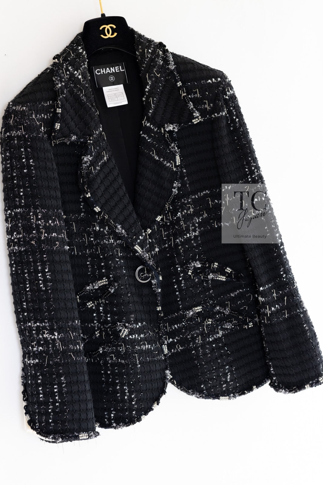 CHANEL Jacket 08C Black Beaded Chain Cotton Wool Tweed 42 シャネル ジャケット CHANEL ブラック ビーズ チェーン コットン ウール ツイード
