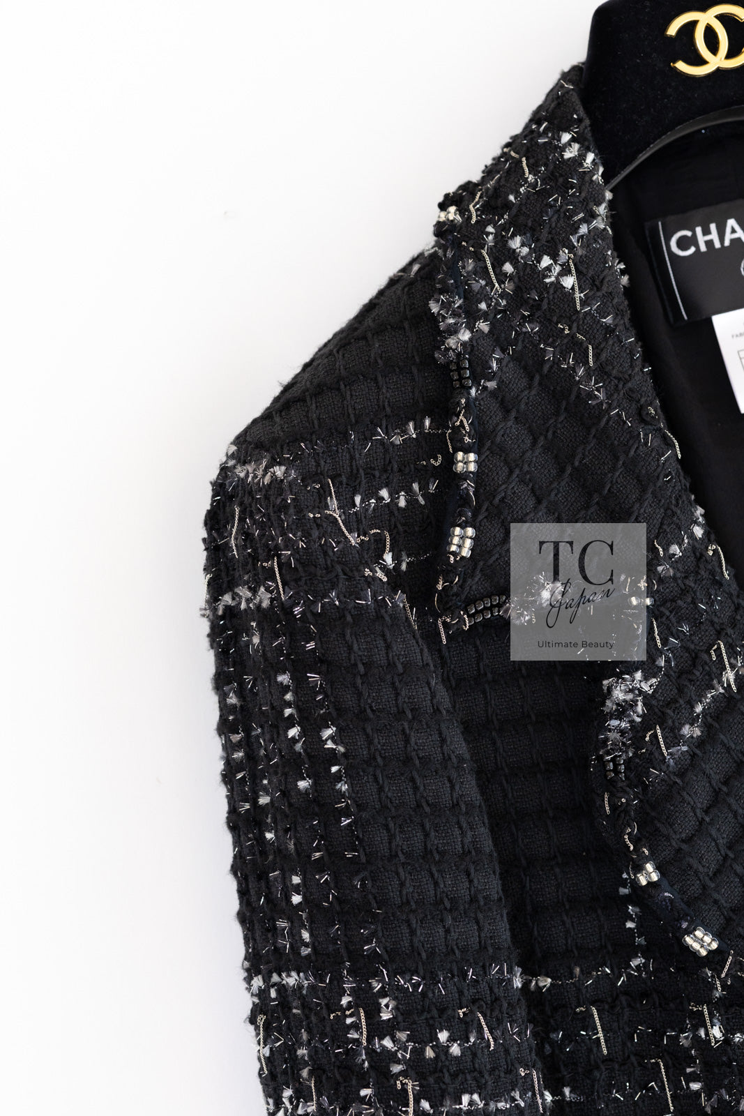 CHANEL Jacket 08C Black Beaded Chain Cotton Wool Tweed 42 シャネル ジャケット CHANEL ブラック ビーズ チェーン コットン ウール ツイード