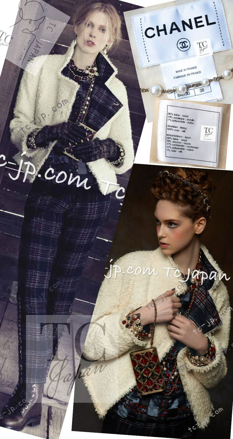 CHANEL 13PF Ivory Creme Black Tartan Check Tweed Jacket 38 40シャネル アイボリー クリーム ブラック タータンチェック ツイード ジャケット 即発