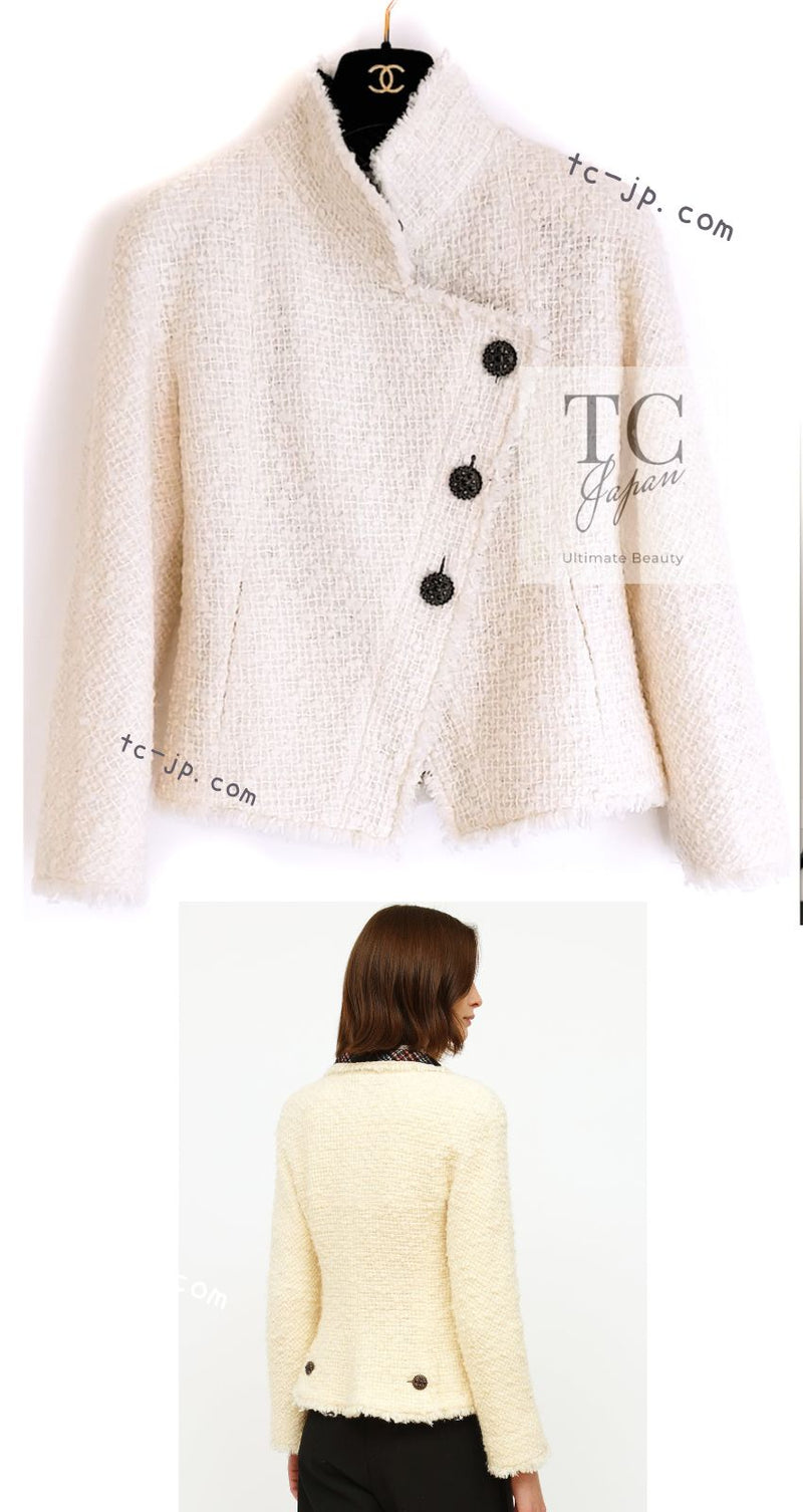 CHANEL 13PF Ivory Creme Black Tartan Check Tweed Jacket 38 40シャネル アイボリー クリーム ブラック タータンチェック ツイード ジャケット 即発