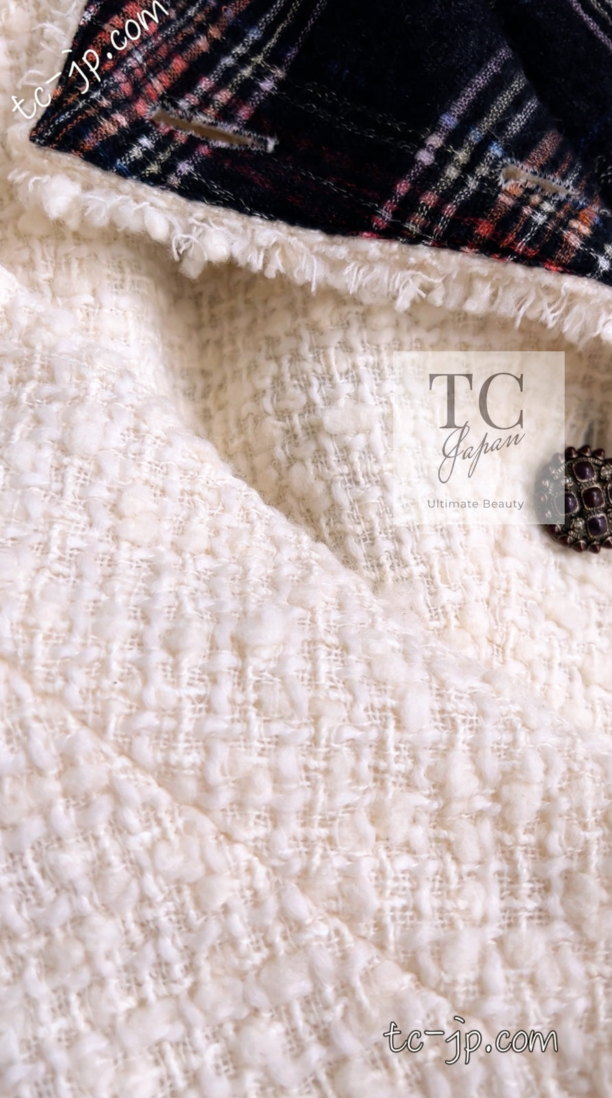 CHANEL 13PF Ivory Creme Black Tartan Check Tweed Jacket 38 40シャネル アイボリー クリーム ブラック タータンチェック ツイード ジャケット 即発