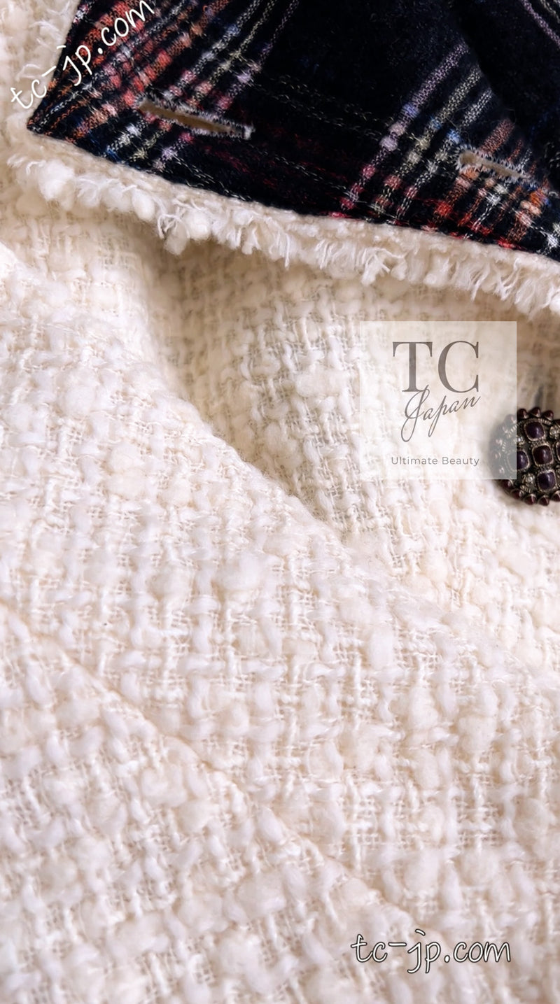 CHANEL 13PF Ivory Creme Black Tartan Check Tweed Jacket 38 40シャネル アイボリー クリーム ブラック タータンチェック ツイード ジャケット 即発