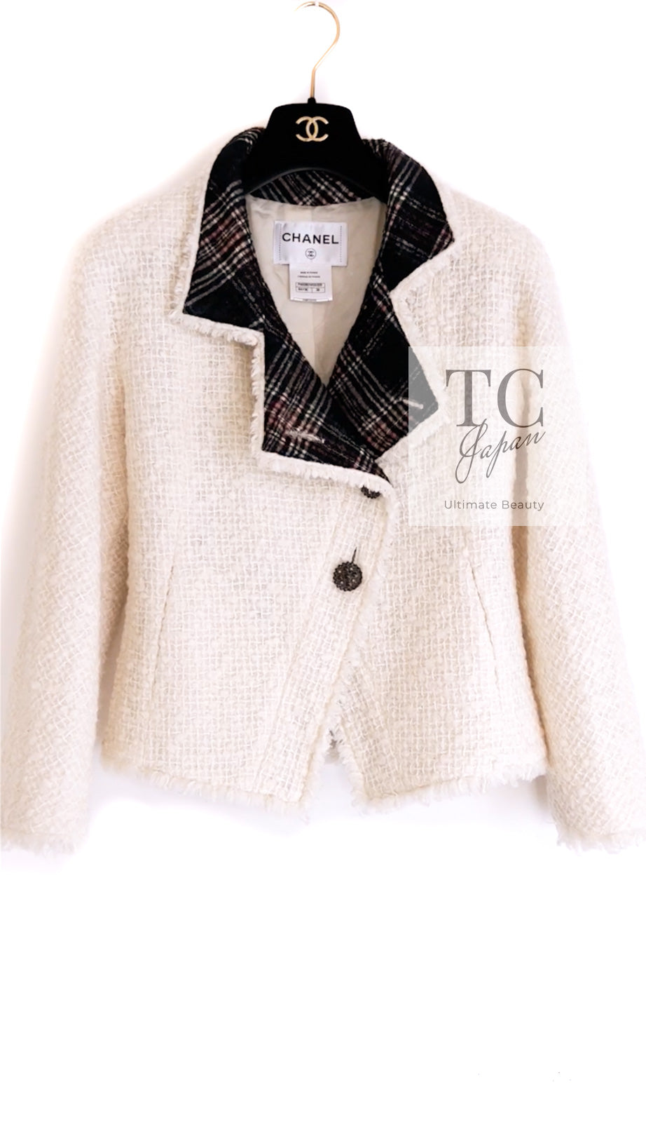 CHANEL 13PF Ivory Creme Black Tartan Check Tweed Jacket 38 40シャネル アイボリー クリーム ブラック タータンチェック ツイード ジャケット 即発