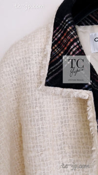 CHANEL 13PF Ivory Creme Black Tartan Check Tweed Jacket 38 40シャネル アイボリー クリーム ブラック タータンチェック ツイード ジャケット 即発